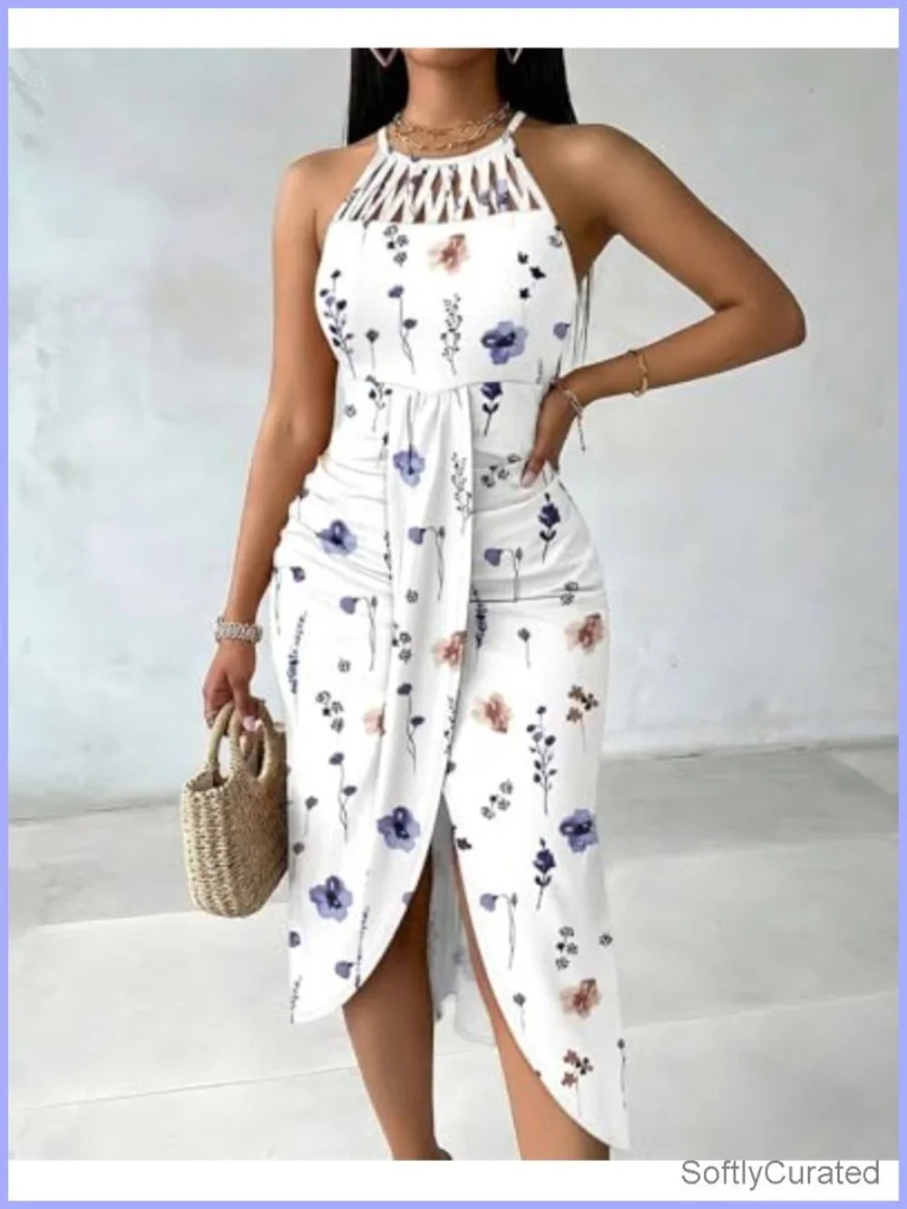 Halter Floral Printed Bodycon Midi Dress